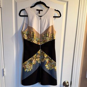 BCBGMaxAzria White, Tan, Black, Blue Floral Colorblock Mini Dress